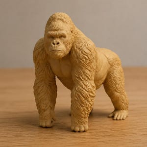 Puede incluir: Una figura de gorila monocromática de color beige claro en postura cuadrúpeda. La escultura presenta patrones de pelaje texturizados y detallados en la cabeza, los hombros y las extremidades, con una expresión facial concentrada y músculos definidos.