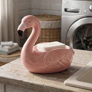 Może przedstawiać: Różowa ceramiczna mydelniczka w kształcie flaminga z długą, wygiętą szyją i dziobem z czarną końcówką. Korpus flaminga jest uformowany tak, aby pomieścić prostokątną białą kostkę mydła z wytłoczonym na górnej powierzchni słowem FRESH.