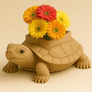 May include: A tan turtle-shaped plant pot filled with vibrant gerbera daisies in yellow, orange, and red. The pot has a detailed shell design. A decorative item for home decor, measured in centimetres.