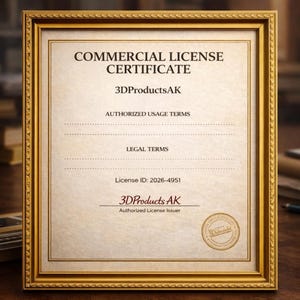 May include: A framed commercial license certificate with gold trim. The certificate includes the text "COMMERCIAL LICENSE CERTIFICATE" and "3DProductsAK". The license ID is 2026-4951.