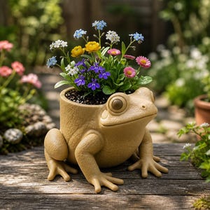 May include: A tan frog-shaped planter filled with colorful flowers. The planter has large, round eyes and detailed frog features. The flowers include yellow, blue, pink, and white blooms, creating a vibrant display. The planter is sitting on a wooden surface.