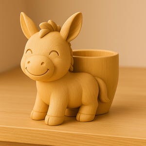 May include: A light brown wooden donkey planter with a smiling face and large ears. The planter has a cylindrical container attached to the donkey's back. It sits on a wooden surface.