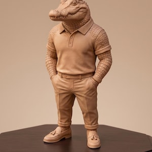May include: A tan sculpture of an alligator-headed figure in a polo shirt, trousers, and loafers. The figure has hands in pockets and stands on a dark brown, hexagonal table. The sculpture is in a neutral setting.