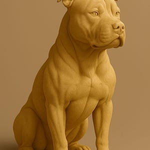Könnte beinhalten: Eine detaillierte Skulptur eines sitzenden Hundes, wahrscheinlich ein Pitbull, in einem hellbraunen Farbton. Der Hund ist muskulös und hat einen ernsten Gesichtsausdruck. Die Skulptur ist gut definiert und zeigt die Merkmale und die Anatomie des Hundes.