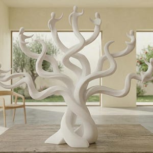 Könnte beinhalten: Eine weiße Skulptur eines Baumes mit verschlungenen Ästen, an denen jeweils eine kleine menschliche Figur sitzt. Die Skulptur steht auf einem Holztisch, mit neutralem Hintergrund und natürlichem Licht.