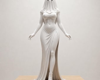 May include: A matte white sculpture of a standing figure draped in a sheet-like garment that covers the head, featuring two dark oval eye openings. The figure wears a form-fitting dress with a high side slit and short boots, standing in a pose.