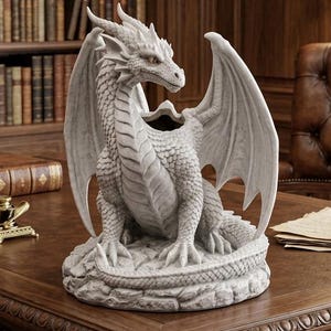 Puede incluir: Una estatua de dragón gris detallada, con alas extendidas, posada sobre una base circular. El dragón tiene escamas intrincadas, cuernos y una cara detallada. La estatua probablemente está hecha de piedra o un material similar, y se exhibe en un escritorio de madera.