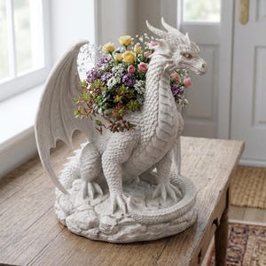 Puede incluir: Una maceta de dragón blanco llena de flores y vegetación coloridas. El dragón está esculpido con detalles intrincados, incluyendo alas, escamas y cuernos. La maceta está sobre una mesa de madera.