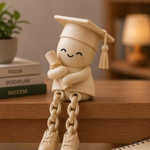 May include: A cream-colored graduation figurine with a mortarboard hat and tassel, holding a diploma. The figurine has chain-link legs and sneakers. The figurine is sitting on a wooden surface. Books with the words "FOCUS", "DISCIPLINE", and "SUCCESS" are in the background.