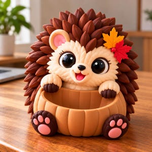 May include: A brown and cream hedgehog figurine holding a hollow, pumpkin-shaped bowl. The hedgehog has large black eyes, a small black nose, and a red and yellow maple leaf accent on its head. Its feet feature pink paw pads.