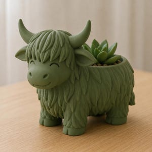 May include: A green Highland cow planter with a smiling face and a succulent plant. The planter is made of a textured material and has a shaggy appearance. The horns and ears are also visible.