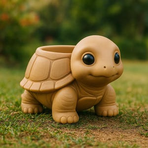 Könnte beinhalten: Ein hellbrauner, schildkrötenförmiger Blumentopf mit einer großen Öffnung für Pflanzen. Die Schildkröte hat einen detaillierten Panzer, vier kurze Beine und ein lächelndes Gesicht mit großen, schwarzen Augen. Der Topf besteht aus glattem Material.