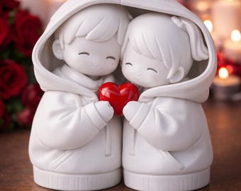 May include: A white ceramic figurine of two figures in hooded sweatshirts, holding a red heart. The figures are smiling, with their heads close together. The background features blurred lights and red roses, suggesting a romantic theme.