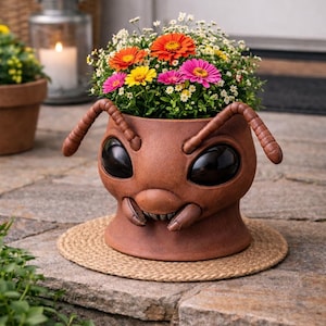 May include: A novelty flower pot in the shape of an ant, filled with vibrant flowers. The pot is brown with large, black eyes and a smiling mouth. The flowers include orange, pink, and yellow gerberas. The pot sits on a woven mat.
