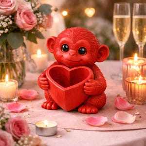 Könnte beinhalten: Rote Affenfigur, die ein herzförmiges Gefäß hält. Der Affe hat große, ausdrucksstarke Augen und ein lächelndes Gesicht. Die Szene umfasst Kerzen, Blumen und Sektgläser, was auf ein romantisches Thema hindeutet.