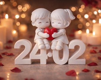 May include: A white figurine of a couple embracing a red heart, sitting atop the numbers 24 and 02. The background features lit candles and bokeh lights, with scattered red rose petals.