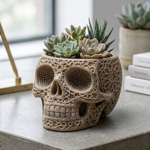 May include: A decorative skull-shaped planter made of tan-colored ceramic. The skull has intricate, carved patterns and holds several succulents with green and gray leaves. The planter is on a gray surface.