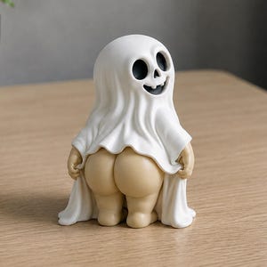 Puede incluir: Una pequeña figura de un fantasma con una sábana blanca sobre la cabeza y los hombros. El fantasma levanta la parte inferior de la sábana para revelar sus nalgas desnudas de color beige. Tiene una cara sonriente con grandes cuencas oscuras.