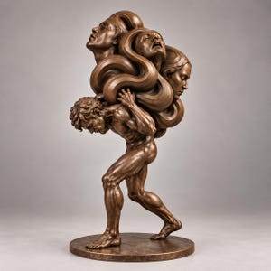 Peut inclure: Une sculpture de couleur bronze représentant une silhouette musclée en position penchée vers l'avant, portant sur son dos une grande masse tourbillonnante composée de trois têtes humaines distinctes. L'ensemble est d'un ton brun métallique.