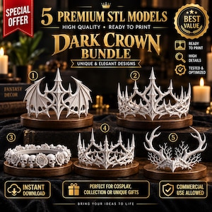 Op de afbeelding: Een digitaal pakket van 5 premium STL-modellen genaamd Dark Crown Bundle, met vijf verschillende witte kroonontwerpen genummerd van één tot vijf. De kronen bevatten gevleugelde, stekelige, schedel- en rozenmotieven voor 3D-printen.