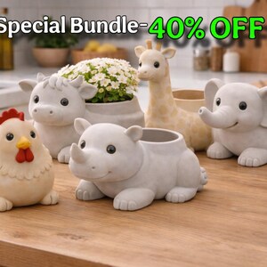 May include: A collection of animal-shaped planters, including a chicken, cow, rhino, giraffe, and elephant. The planters are light-colored and designed to hold small plants or flowers. The image includes the text "Special Bundle - 40% OFF".