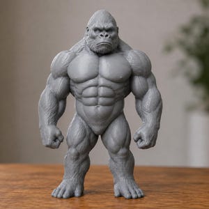 Puede incluir: Una figura de gorila gris de pie con un físico muy musculoso, músculos abdominales definidos y detalles de pelaje texturizado. La figura se muestra en una postura frontal erguida con los puños cerrados y una expresión facial detallada.