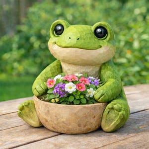 Könnte beinhalten: Eine grüne Froschstatue mit großen schwarzen Augen und einem Lächeln. Der Frosch hält eine Holzschale mit bunten Blumen. Die Statue sitzt auf einer Holzoberfläche, mit einem verschwommenen grünen Hintergrund.