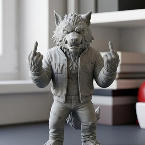 Angry Wolf Boss Figurine – Werewolf Middle Finger 3D Print Model (Digital Download)