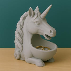 May include: A gray unicorn-shaped trinket dish with a spiraled horn and flowing mane. Two gold rings rest inside the dish. The figurine is on a wooden surface with a teal background.