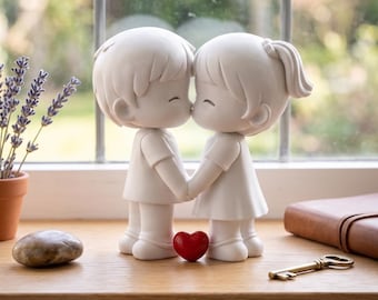 May include: A white figurine of two figures kissing, holding hands, with a red heart between them. The figures are on a wooden surface, with a key, a journal, a stone, and a lavender plant in the background.