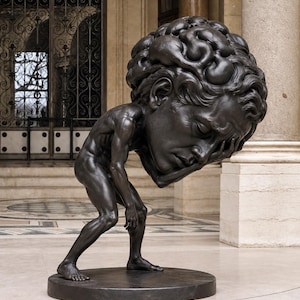 May include: A dark bronze sculpture of a figure with a disproportionately large head, featuring a textured, brain-like surface on the cranium. The figure is hunched forward, with one hand resting against the cheek, standing on a circular base.