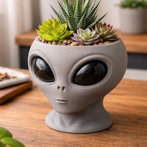 May include: A gray alien head-shaped planter filled with various succulents. The planter has large, black, oval-shaped eyes and a small mouth. The succulents include green, yellow, and purple plants. The planter sits on a wooden surface.