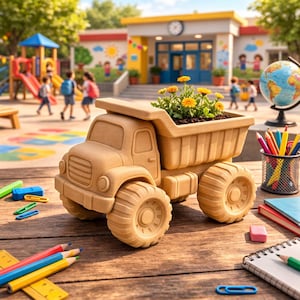 Könnte beinhalten: Ein beigefarbener Spielzeug-Muldenkipper-Pflanzkübel gefüllt mit gelben Blumen. Der LKW steht auf einer Holzoberfläche mit Schulmaterialien, darunter Bleistifte, ein Globus und ein Notizbuch. Kinder spielen im Hintergrund in der Nähe eines Schulgebäudes.