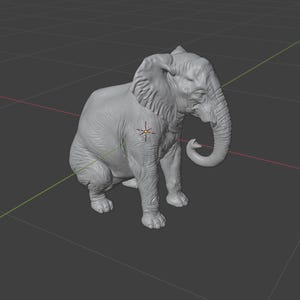 May include: A gray, three-dimensional model of an elephant in a crouching position. The elephant has large ears, a long trunk, and detailed skin texture. The model is set against a gray background.