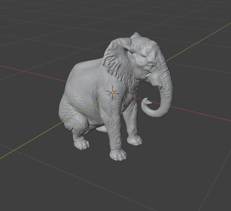 May include: A gray, three-dimensional model of an elephant in a crouching position. The elephant has large ears, a long trunk, and detailed skin texture. The model is set against a gray background.