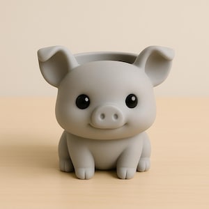 May include: A gray ceramic pig planter with large black eyes and a smiling expression. The planter has a round opening at the top for plants and is sitting on a light-colored wooden surface.