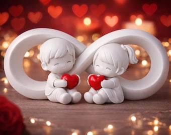 May include: A white ceramic sculpture of two figures holding red hearts, set against a blurred background of red hearts and lights. The figures are positioned in front of a white infinity symbol, symbolizing love and togetherness. Romantic theme.