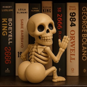 May include: A beige skeleton figurine with a welcoming gesture, positioned in front of a bookshelf with various book titles. The figurine has a detailed skeletal structure and is positioned in a playful manner.