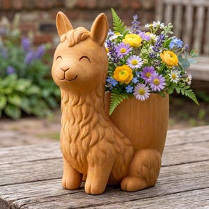 May include: A terracotta-colored llama planter filled with a vibrant bouquet of yellow, purple, and white flowers. The llama has a smiling face and is sitting on a weathered wooden surface. The planter is approximately 12 inches tall.
