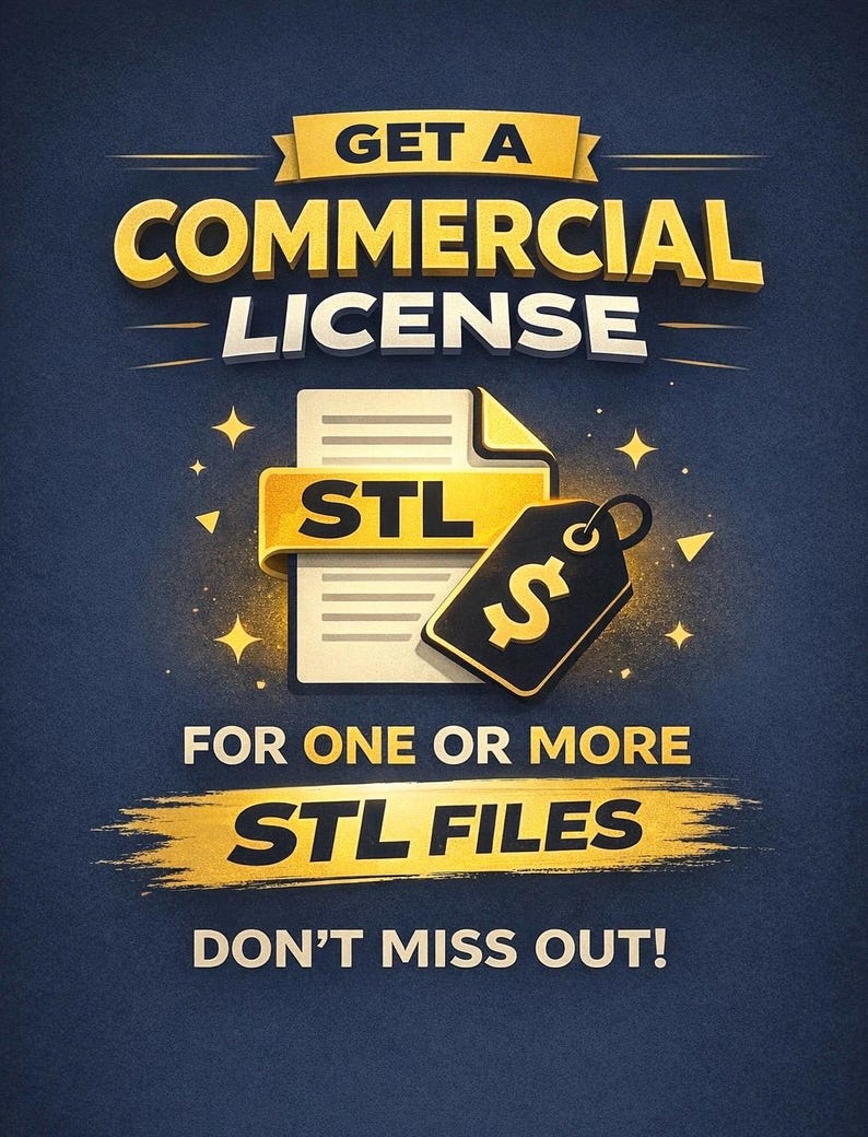 K&ouml;nnte beinhalten: Eine marineblaue Grafik mit goldenem Text, der &bdquo;GET A COMMERCIAL LICENSE&ldquo; und &bdquo;FOR ONE OR MORE STL FILES&ldquo; lautet. Ein Bild eines Dokuments mit &bdquo;STL&ldquo; und einem Preisschild.