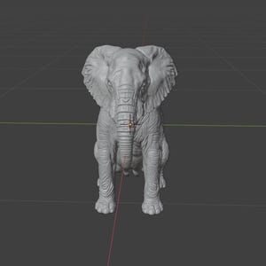 May include: A gray, 3D-rendered elephant figurine. The elephant is depicted in a seated position, with its trunk extended and large ears spread. The figurine has detailed textures and is set against a neutral background.