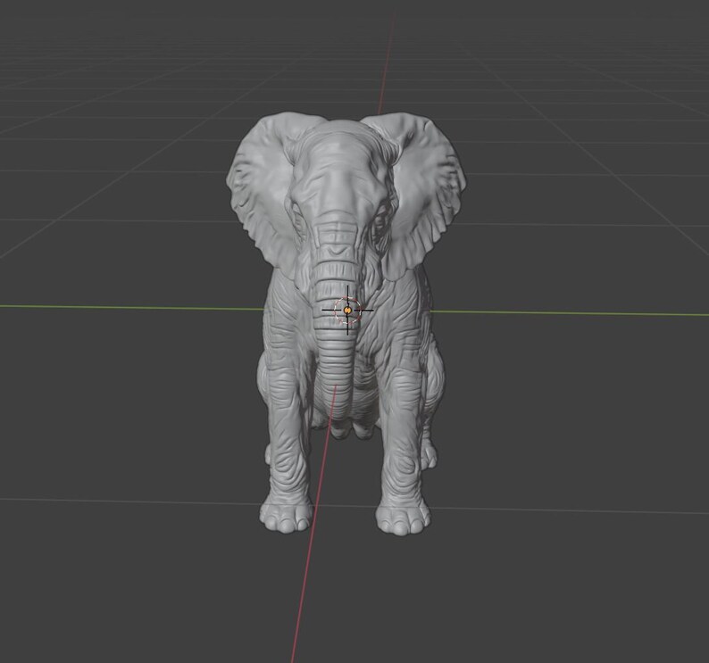 May include: A gray, 3D-rendered elephant figurine. The elephant is depicted in a seated position, with its trunk extended and large ears spread. The figurine has detailed textures and is set against a neutral background.