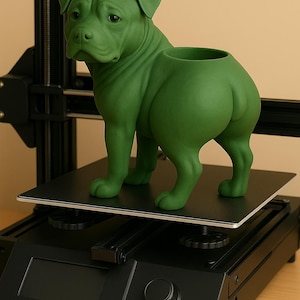 May include: A green dog-shaped planter stands on a black 3D printer platform. The planter has a hollowed-out back for plants. The dog is a solid green color and has a detailed, realistic appearance. The printer is black with a control panel.