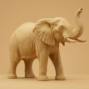 May include: A monochromatic beige elephant figurine featuring a textured skin surface, large ears, and a raised trunk. The sculpture displays detailed wrinkles across the body, prominent tusks, and four sturdy legs standing in a fixed position.