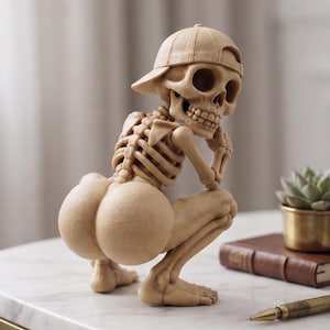 May include: A beige-colored skeleton figurine in a crouching pose, wearing a baseball cap turned backward. The skeleton has a detailed rib cage, skull, and limbs, with its hand resting near its chin. The figure is rendered in a smooth, matte finish.