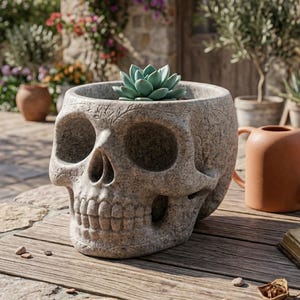 May include: A grey skull-shaped plant pot with a succulent inside. The pot has detailed carvings and sits on a wooden surface. A terracotta-coloured pitcher is next to the pot. The background includes other plants and a stone wall.