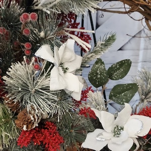 May include: A close-up of a Christmas wreath with a variety of festive elements. The wreath features red cardinals, white poinsettias, pinecones, and red berries. The greenery is dusted with artificial snow, creating a wintery scene.