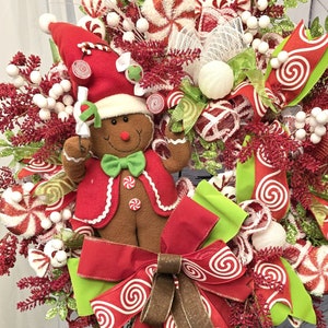 Gingerbread Wreath, Gingerbread Christmas Wreath, Red and White wreath, Gingerbread Man,  Christmas Door Wreath