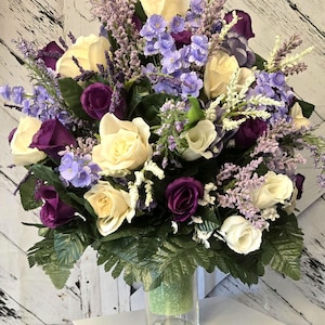 Purple Cemetery Floral Arrangement: Roses & Hydrangea Vase