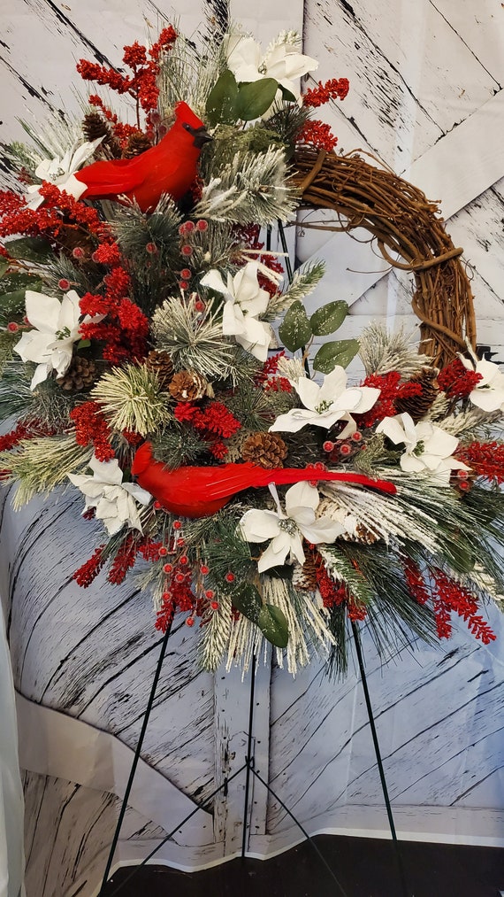 Cardinal Winter Wreath: White Poinsettia, Frosted Berry, Pine